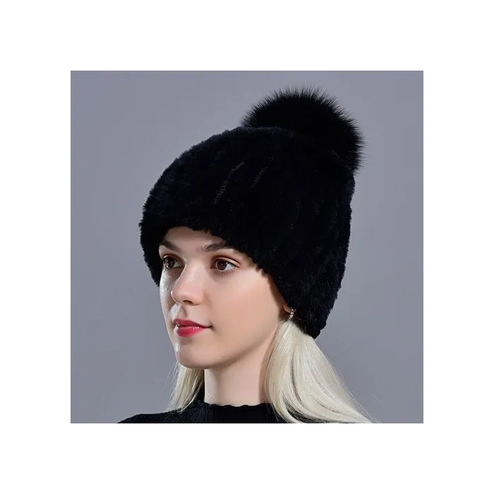 Knitted rabbit fur hat with pompomHats & Caps