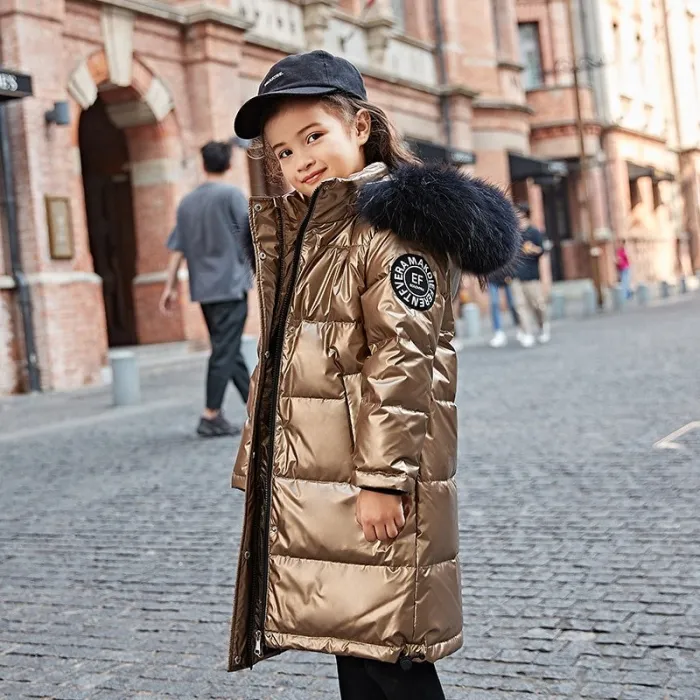 Long - warm winter jacket with fur hood - for girlsKids