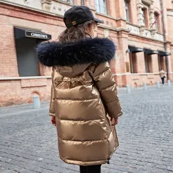 Long - warm winter jacket with fur hood - for girlsKids