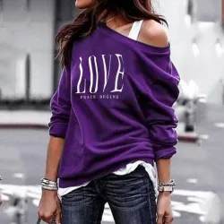 Sexy top - loose off-shoulders - long sleeve t-shirt - LOVE printBlouses & shirts