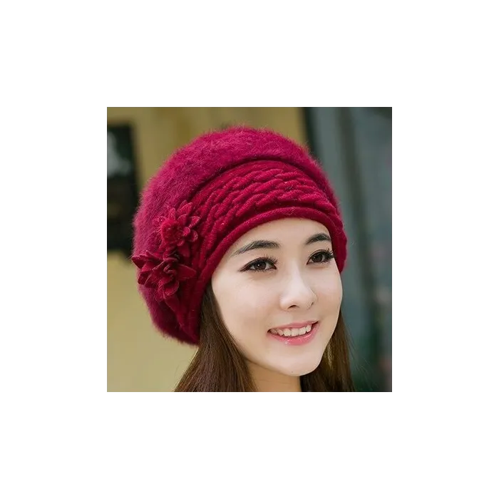 Knitted beret - a warm fur hat with decorative flowersHats & Caps