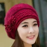 Knitted beret - a warm fur hat with decorative flowersHats & Caps