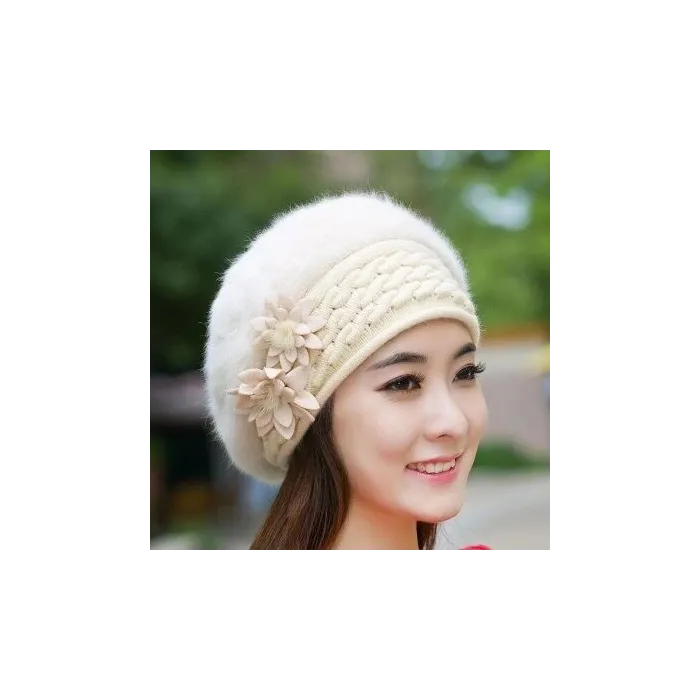 Knitted beret - a warm fur hat with decorative flowersHats & Caps