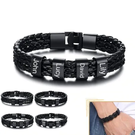 PulserasBrazalete de cuero trenzado - encantos de acero inoxidable - nombres hechos a medida