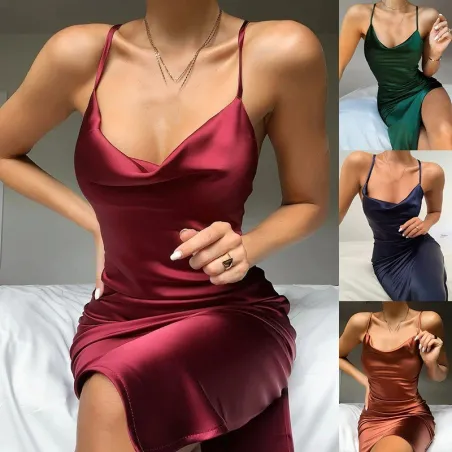 Sexy silk dress - calf-length - thin straps - with a side slitDresses