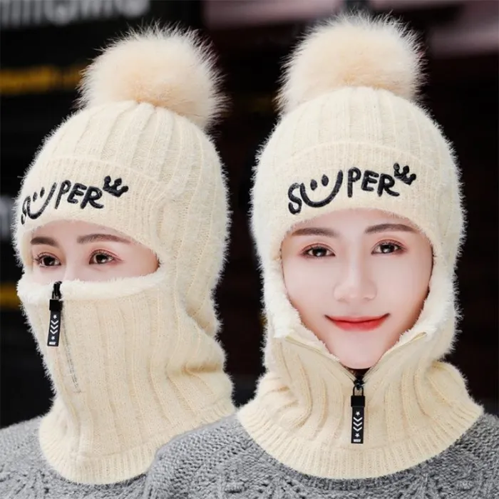 Winter hat with a pompom - balaclava with a zipperHats & Caps