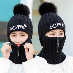 Winter hat with a pompom - balaclava with a zipperHats & Caps