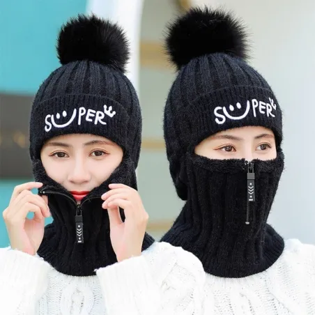 Winter hat with a pompom - balaclava with a zipperHats & Caps