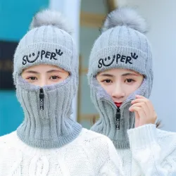 Winter hat with a pompom - balaclava with a zipperHats & Caps