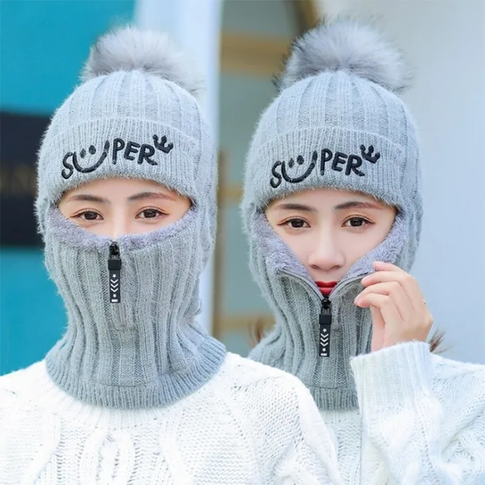 Winter hat with a pompom - balaclava with a zipperHats & Caps