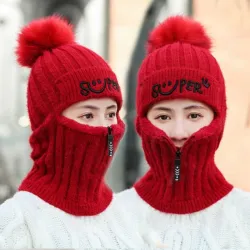 Winter hat with a pompom - balaclava with a zipperHats & Caps