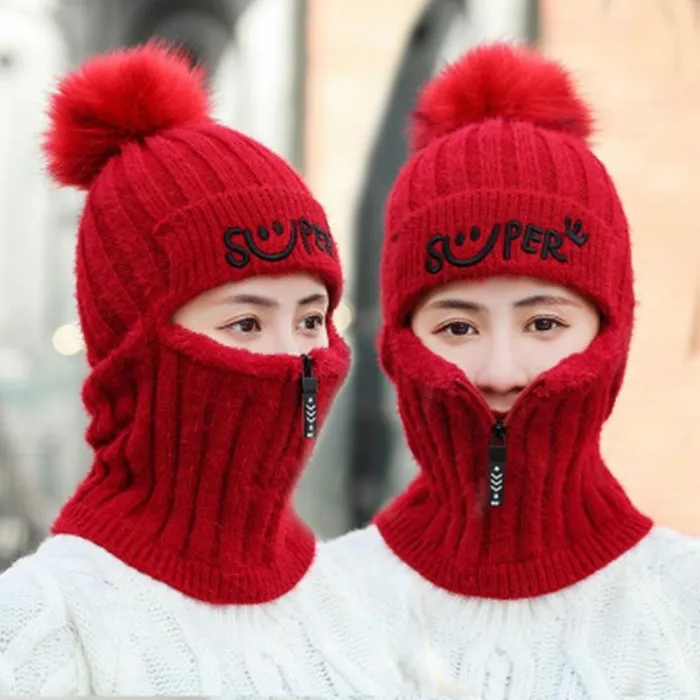 Winter hat with a pompom - balaclava with a zipperHats & Caps