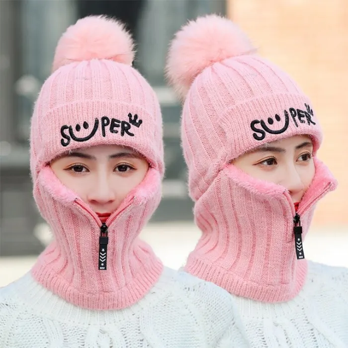 Winter hat with a pompom - balaclava with a zipperHats & Caps