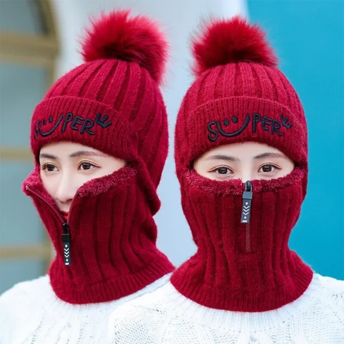 Winter hat with a pompom - balaclava with a zipperHats & Caps