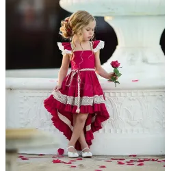 Elegant red dress for girls - with lace ruffles - irregular lengthClothing