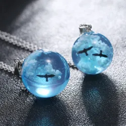 CollarCreative Transparent Luminous Resin Round Ball Pendant Necklace Women Men Fashion Blue Sky Clouds Birds Necklace Jewelry