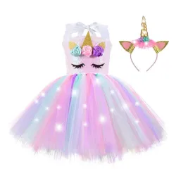DisfracesGirl Unicorn Dresses for Girls Tutu Princess Party Dresses with LED Lights Flower Birthday Party Cosplay Costume Gir...