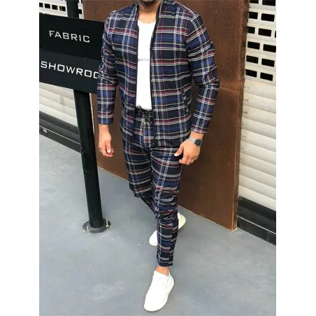 PantalonesTrendy men's plaid set - cardigan with zipper / stand-up collar / long pants - slim fit