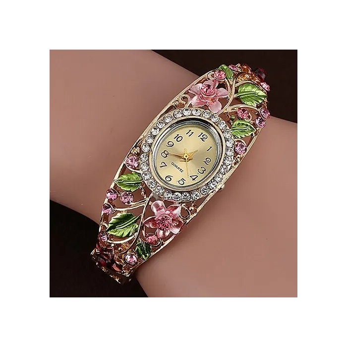 Elegant crystal bracelet - with a watch - colorful flowers - hollow out designBracelets