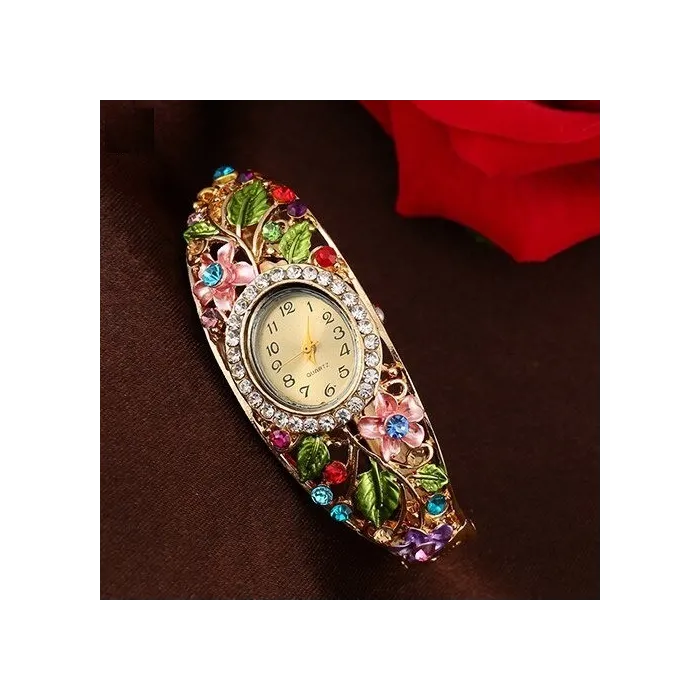 PulseraElegant crystal bracelet - with a watch - colorful flowers - hollow out design