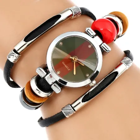 PulseraGnova - platinum Quartz watch - with three-layer genuine leather strap