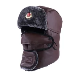 Sombreros / gorrasBomber Hat Russian Ushanka PU Leather Winter Trapper Soviet Badge Army Aviator Trooper Neck Cover Earflap