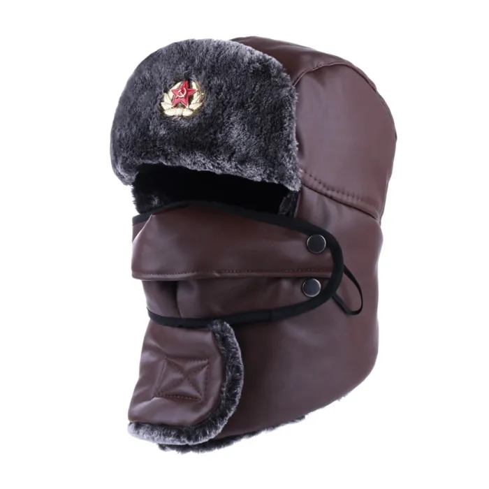 Sombreros / gorrasBomber Hat Russian Ushanka PU Leather Winter Trapper Soviet Badge Army Aviator Trooper Neck Cover Earflap
