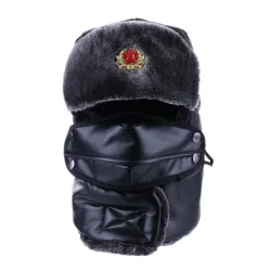 Sombreros / gorrasBomber Hat Russian Ushanka PU Leather Winter Trapper Soviet Badge Army Aviator Trooper Neck Cover Earflap