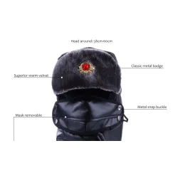 Sombreros / gorrasBomber Hat Russian Ushanka PU Leather Winter Trapper Soviet Badge Army Aviator Trooper Neck Cover Earflap