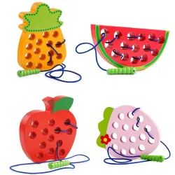 De maderaJuguete educativo Montessori - rompecabezas de madera - gusano comiendo fruta - manzana / pera / sandía