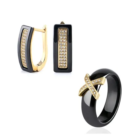 Aretes2020 Trend Black White Stainless Steel Jewelry Set Ceramic For Women AAA Bling Cubic Zircon Ring Earring Set Christmas ...
