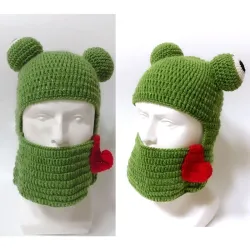 Warm knitted hat - bucket type - balaclava - with frog eyesHats & Caps