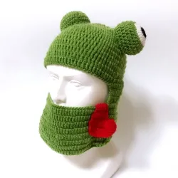 Warm knitted hat - bucket type - balaclava - with frog eyesHats & Caps