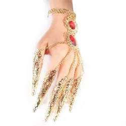 PulseraAnillo de cinco dedos - con cadenas - pulsera de oro - flores huecas / cristales rojos