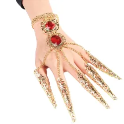 PulseraAnillo de cinco dedos - con cadenas - pulsera de oro - flores huecas / cristales rojos