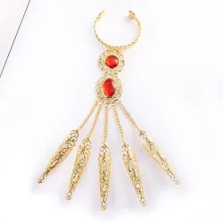 PulseraAnillo de cinco dedos - con cadenas - pulsera de oro - flores huecas / cristales rojos