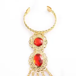 PulseraAnillo de cinco dedos - con cadenas - pulsera de oro - flores huecas / cristales rojos