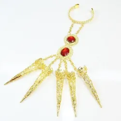 PulseraAnillo de cinco dedos - con cadenas - pulsera de oro - flores huecas / cristales rojos