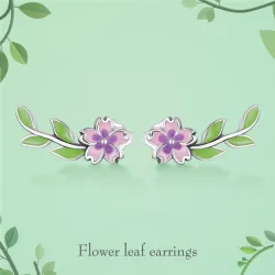 Purple-pink flower /green leaf - elegant earrings - 925 sterling silverEarrings