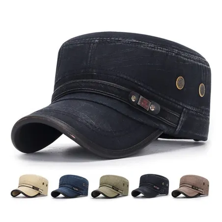 Retro flat hat with visor - washed cotton / leather-trimmedHats & Caps