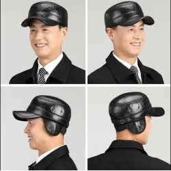 Flat baseball cap - with ear flaps - genuine leatherHats & Caps