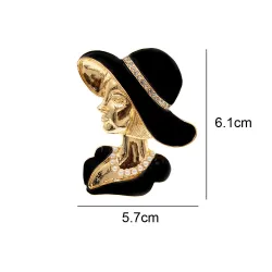 BrochesBroche de oro de moda - mujer con sombrero negro con perlas / cristales