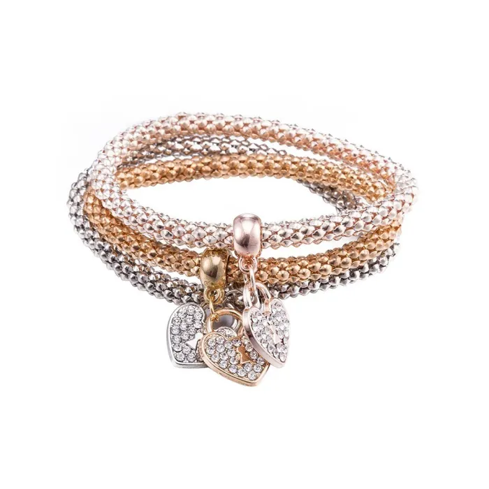 PulseraElegante pulsera de tres piezas - con corazones de cristal - plata - oro - oro rosa