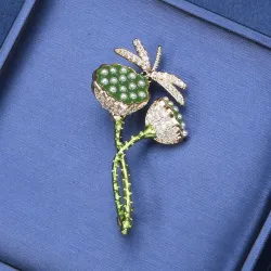 BrochesFlor de loto con libélula de cristal - broche elegante
