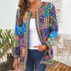 ChaquetasCárdigan suelto de moda - abrigo de verano de manga larga - estampado floral étnico