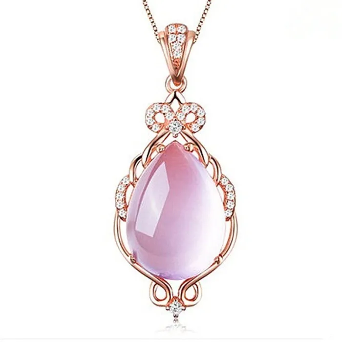 CollarElegante collar de oro rosa - colgante en forma de gota de agua - cristales - ópalo rosa