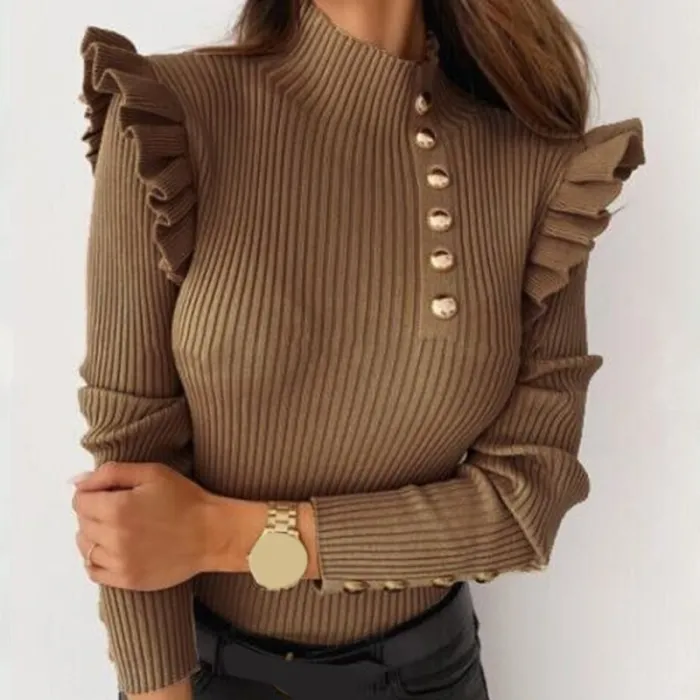 Long sleeve turtleneck - ribbed sweater - buttons / rufflesHoodies & Jumpers