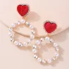 Red heart earrings - round pearl pendantEarrings