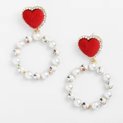 Red heart earrings - round pearl pendantEarrings