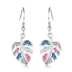Silver dangle leaves earrings - colorful crystal opalEarrings